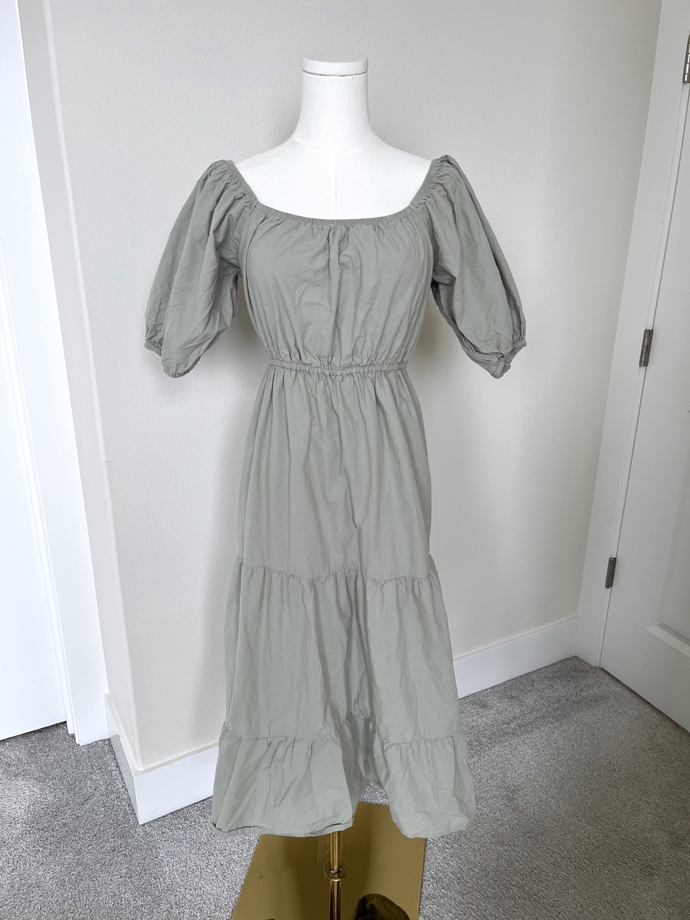 Sage Green Boho Cottagecore Puff Sleeve Dress - 100% Cotton - Size M